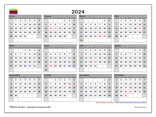 Kalender 2024, Venezuela (ES). Plan zum Ausdrucken kostenlos.