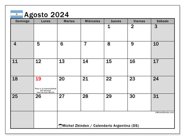 Kalender August 2024, Argentinien (ES). Plan zum Ausdrucken kostenlos.
