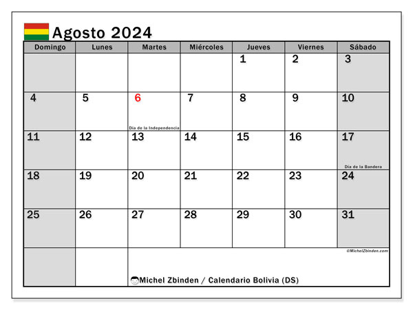Calendario agosto 2024, Bolivia (ES). Calendario da stampare gratuito.