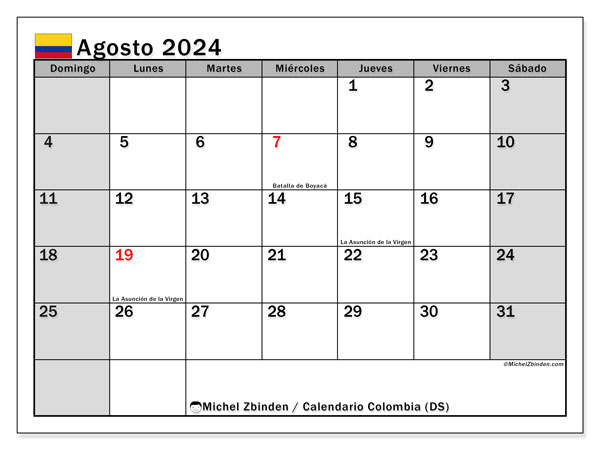 Calendario agosto 2024, Colombia (ES). Calendario da stampare gratuito.