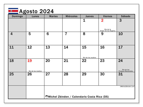 Kalender August 2024, Costa Rica (ES). Plan zum Ausdrucken kostenlos.