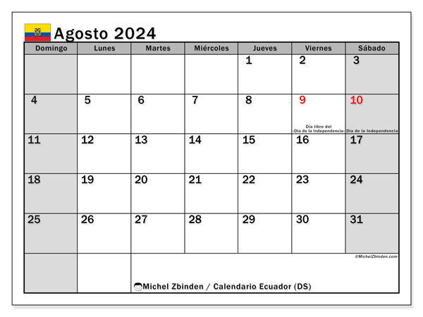Calendario agosto 2024, Ecuador (ES). Calendario da stampare gratuito.