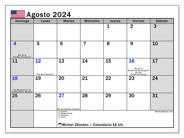 Calendario agosto 2024, Stati Uniti (ES). Calendario da stampare gratuito.
