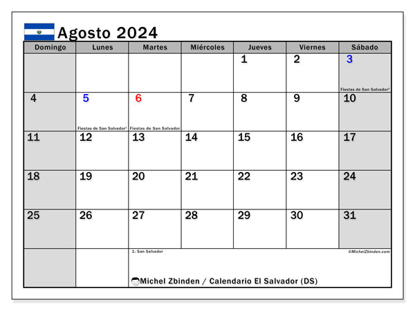 Kalender August 2024, El Salvador (ES). Plan zum Ausdrucken kostenlos.