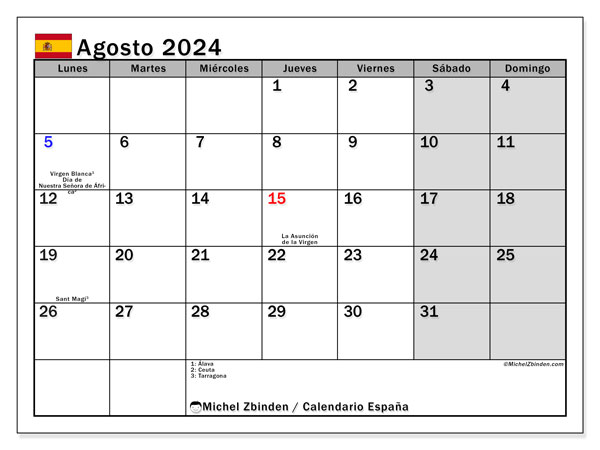 Calendario agosto 2024, Spagna (ES). Calendario da stampare gratuito.