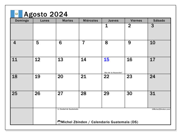 Calendario agosto 2024, Guatemala (ES). Calendario da stampare gratuito.