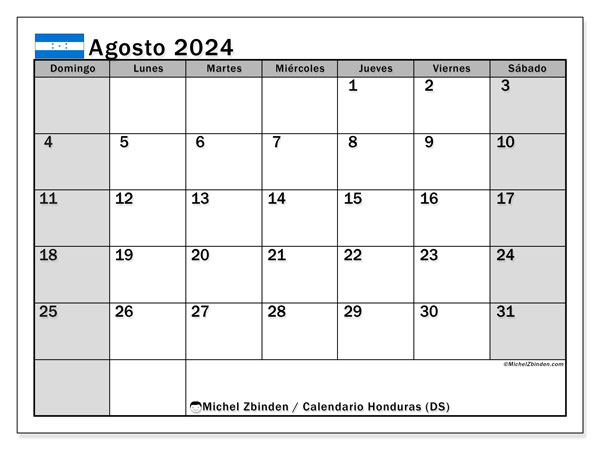 Calendario agosto 2024, Honduras (ES). Calendario da stampare gratuito.