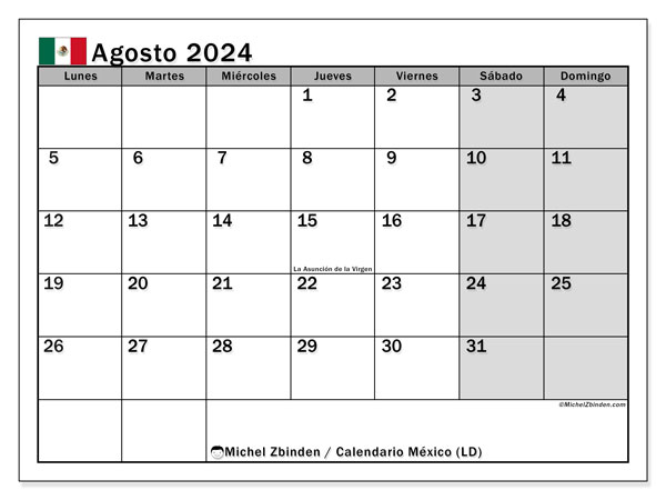 Calendario agosto 2024, Messico (ES). Calendario da stampare gratuito.