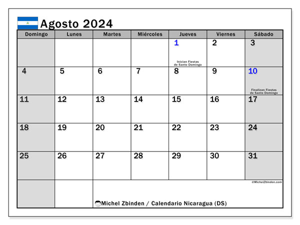 Calendario agosto 2024, Nicaragua (ES). Calendario da stampare gratuito.