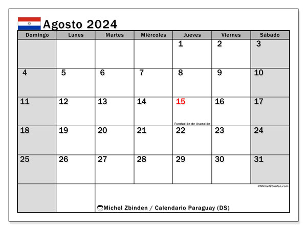 Calendario agosto 2024, Paraguay (ES). Calendario da stampare gratuito.