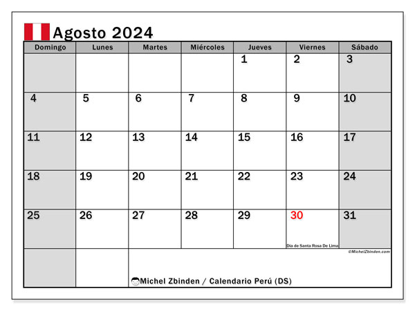 Kalender August 2024, Peru (ES). Plan zum Ausdrucken kostenlos.