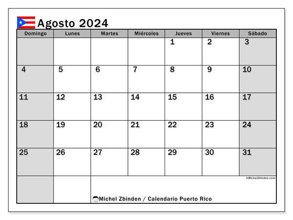 Calendario agosto 2024, Porto Rico (ES). Calendario da stampare gratuito.