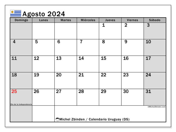 Calendario agosto 2024, Uruguay (ES). Calendario da stampare gratuito.