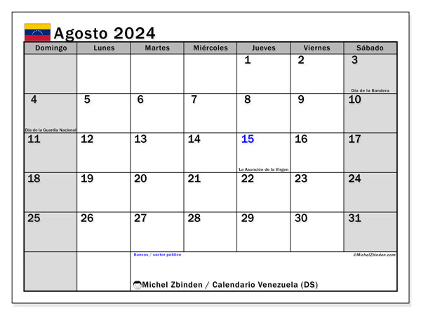 Calendario agosto 2024, Venezuela (ES). Calendario da stampare gratuito.