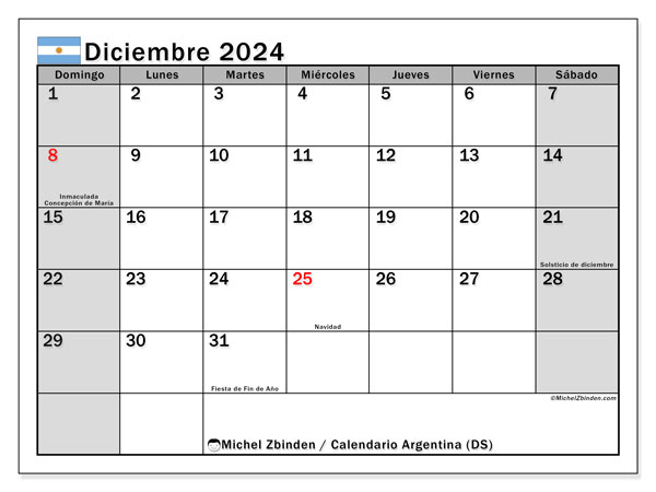 Kalender Dezember 2024, Argentinien (ES). Kalender zum Ausdrucken kostenlos.