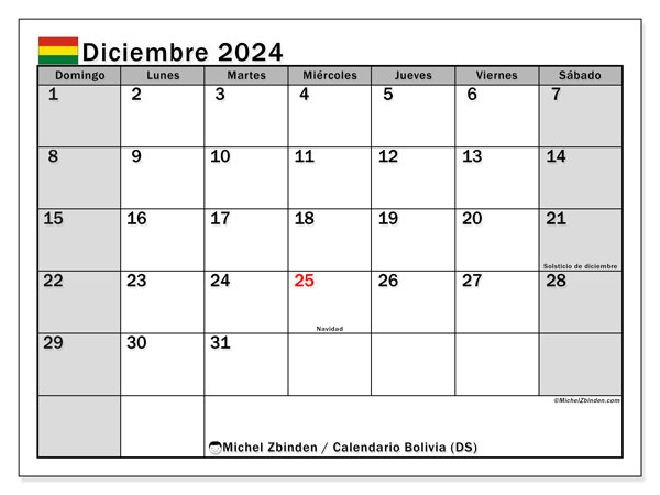 Kalender Dezember 2024, Bolivien (ES). Kalender zum Ausdrucken kostenlos.