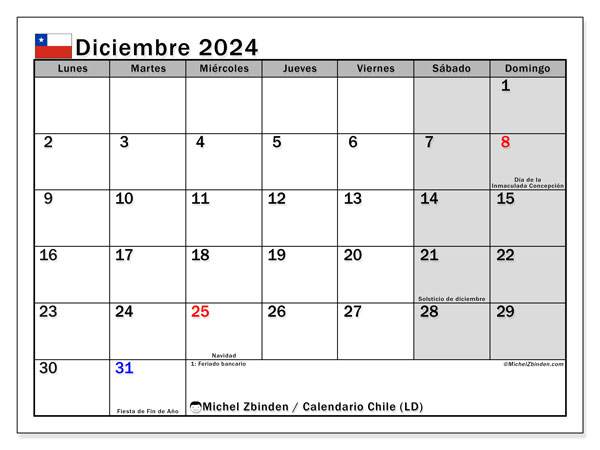 Kalender Dezember 2024, Chile (ES). Kalender zum Ausdrucken kostenlos.
