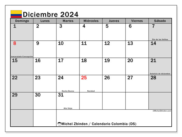Calendario dicembre 2024, Colombia (ES). Piano da stampare gratuito.