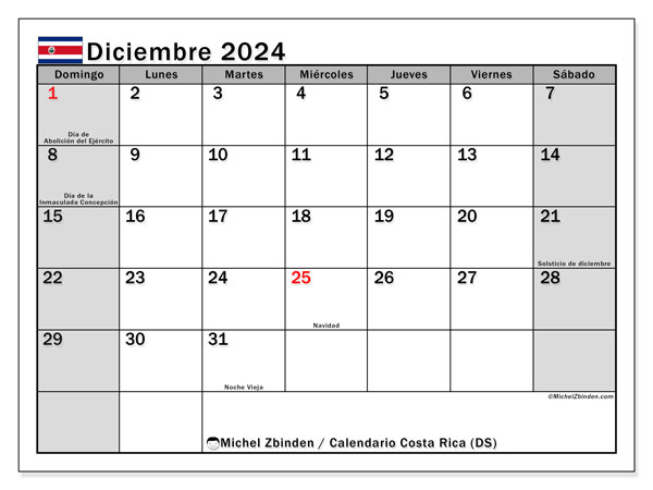 Calendario dicembre 2024, Costa Rica (ES). Piano da stampare gratuito.