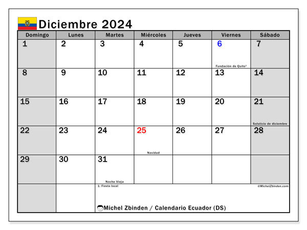 Calendario dicembre 2024, Ecuador (ES). Piano da stampare gratuito.