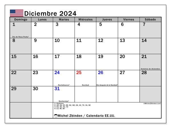 Calendario dicembre 2024, Stati Uniti (ES). Piano da stampare gratuito.