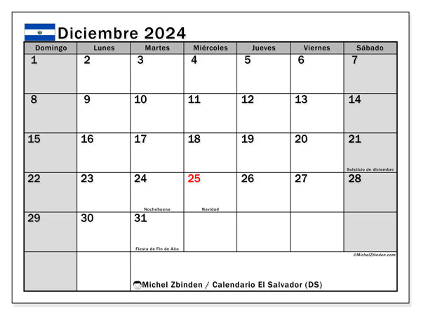 Calendario dicembre 2024, El Salvador (ES). Piano da stampare gratuito.