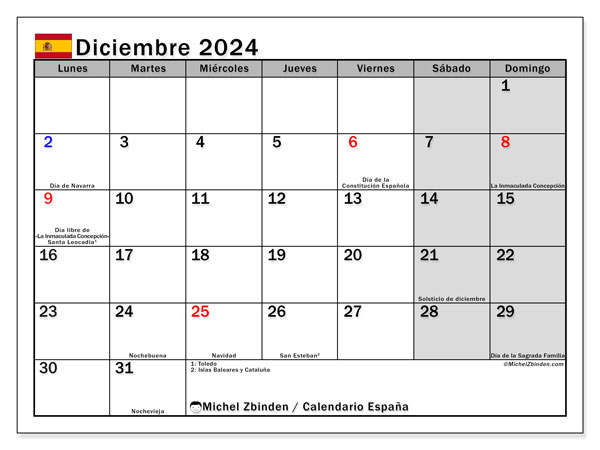 Calendario dicembre 2024, Spagna (ES). Piano da stampare gratuito.