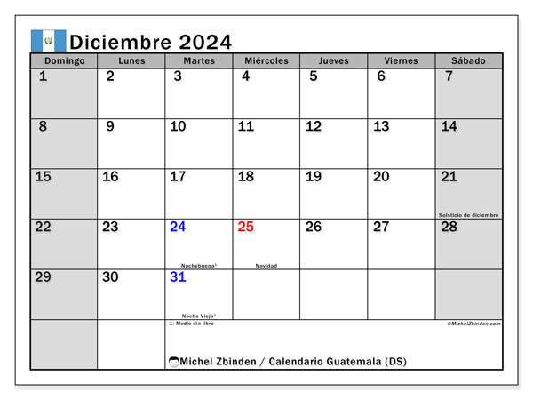 Calendario dicembre 2024, Guatemala (ES). Piano da stampare gratuito.