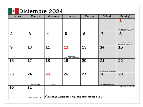 Kalender Dezember 2024, Mexiko (ES). Kalender zum Ausdrucken kostenlos.