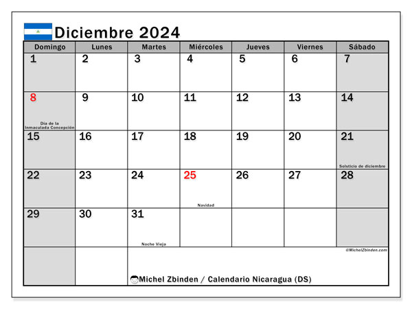 Calendario dicembre 2024, Nicaragua (ES). Piano da stampare gratuito.