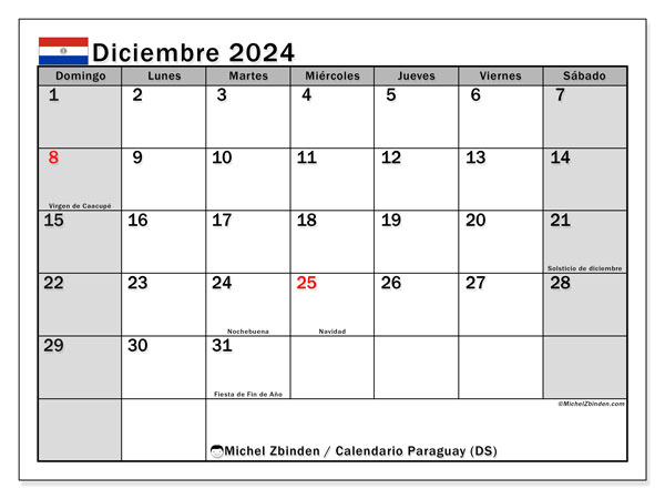 Kalender Dezember 2024, Paraguay (ES). Kalender zum Ausdrucken kostenlos.