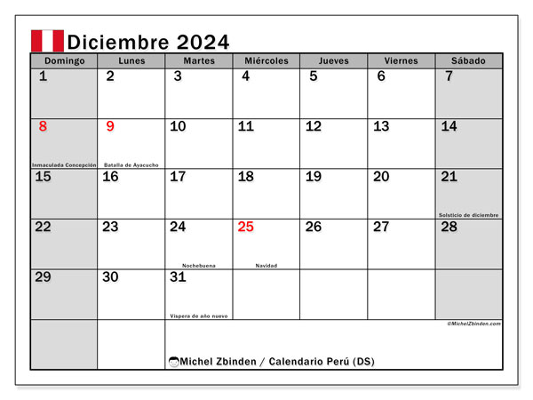 Calendario dicembre 2024, Perù (ES). Piano da stampare gratuito.