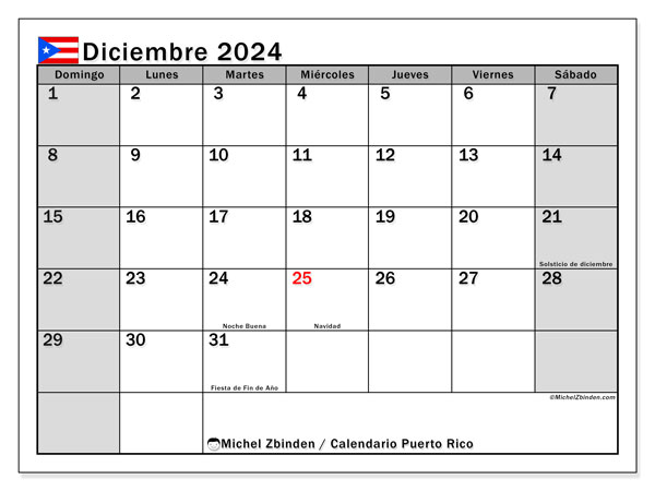 Calendario dicembre 2024, Porto Rico (ES). Piano da stampare gratuito.