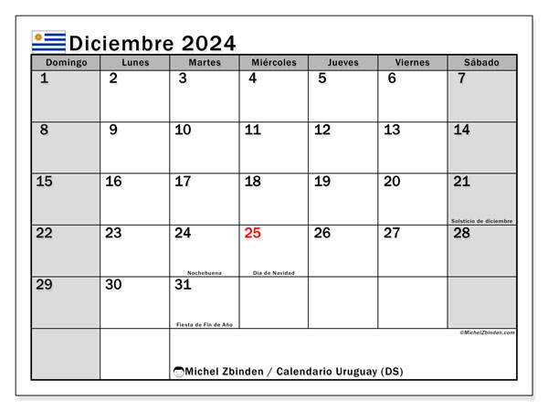 Calendario dicembre 2024, Uruguay (ES). Piano da stampare gratuito.