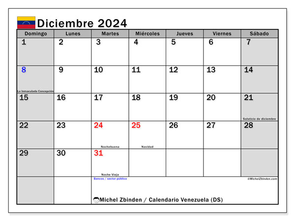 Calendario dicembre 2024, Venezuela (ES). Piano da stampare gratuito.