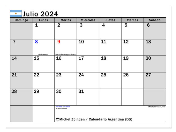 Kalender Juli 2024, Argentinien (ES). Programm zum Ausdrucken kostenlos.