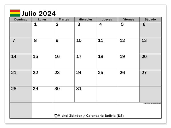 Calendario luglio 2024, Bolivia (ES). Orario da stampare gratuito.