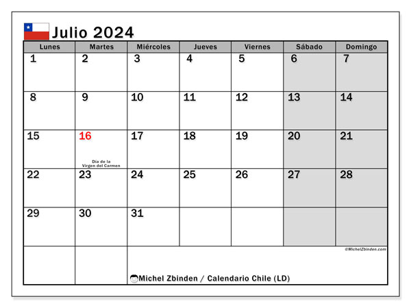 Calendario luglio 2024, Cile (ES). Orario da stampare gratuito.