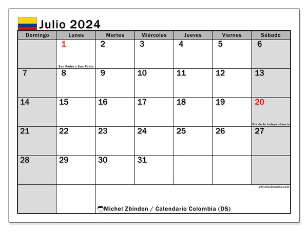 Calendario luglio 2024, Colombia (ES). Orario da stampare gratuito.