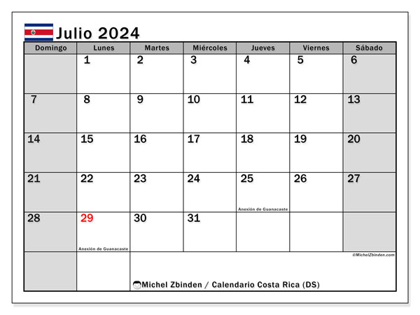 Calendario luglio 2024, Costa Rica (ES). Orario da stampare gratuito.