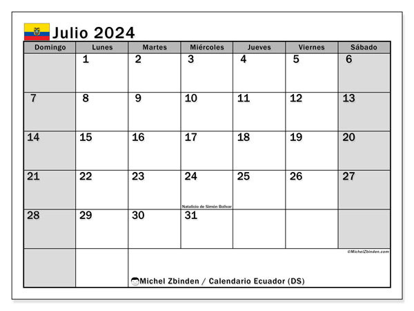 Kalender Juli 2024, Ecuador (ES). Programm zum Ausdrucken kostenlos.