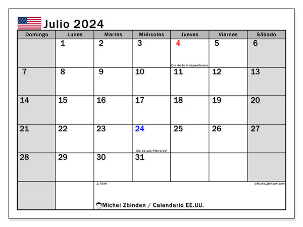 Calendario luglio 2024, Stati Uniti (ES). Orario da stampare gratuito.