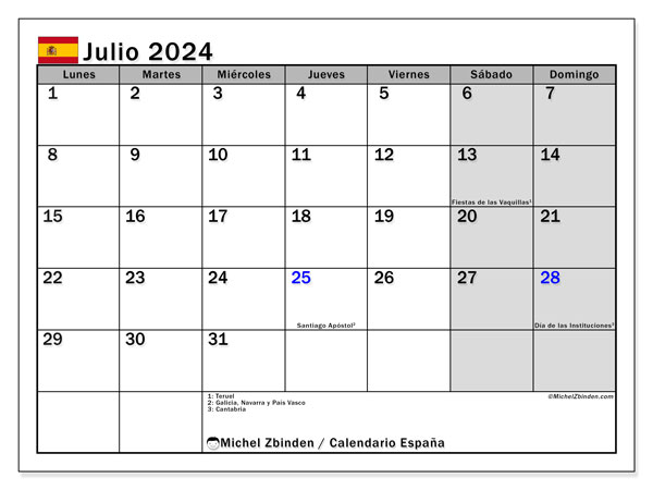 Calendario luglio 2024, Spagna (ES). Orario da stampare gratuito.