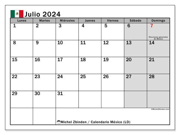 Calendario luglio 2024, Messico (ES). Orario da stampare gratuito.