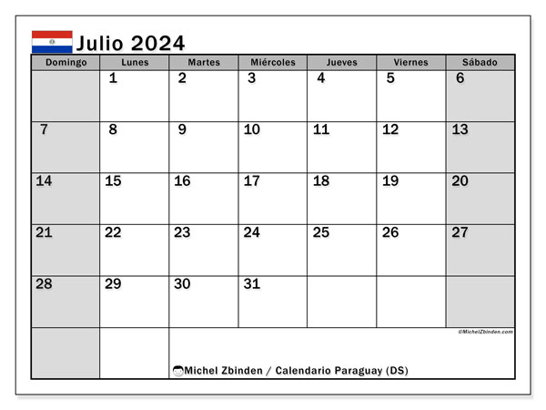 Calendario luglio 2024, Paraguay (ES). Orario da stampare gratuito.