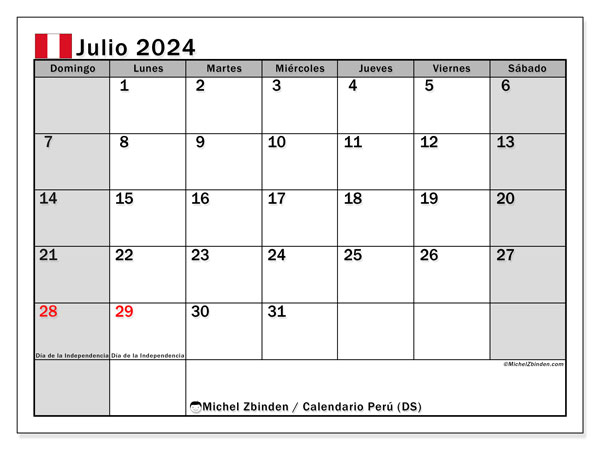Calendario luglio 2024, Perù (ES). Orario da stampare gratuito.