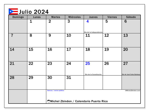 Calendario luglio 2024, Porto Rico (ES). Orario da stampare gratuito.