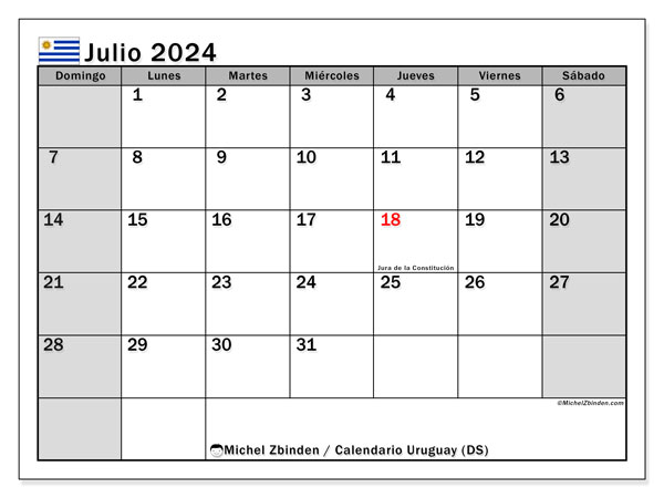 Kalender Juli 2024, Uruguay (ES). Programm zum Ausdrucken kostenlos.