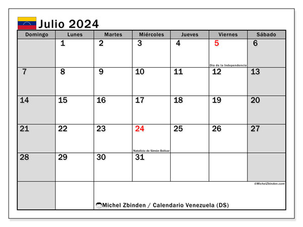 Kalender Juli 2024, Venezuela (ES). Programm zum Ausdrucken kostenlos.