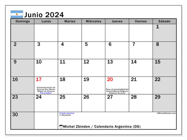 Kalender Juni 2024, Argentinien (ES). Programm zum Ausdrucken kostenlos.